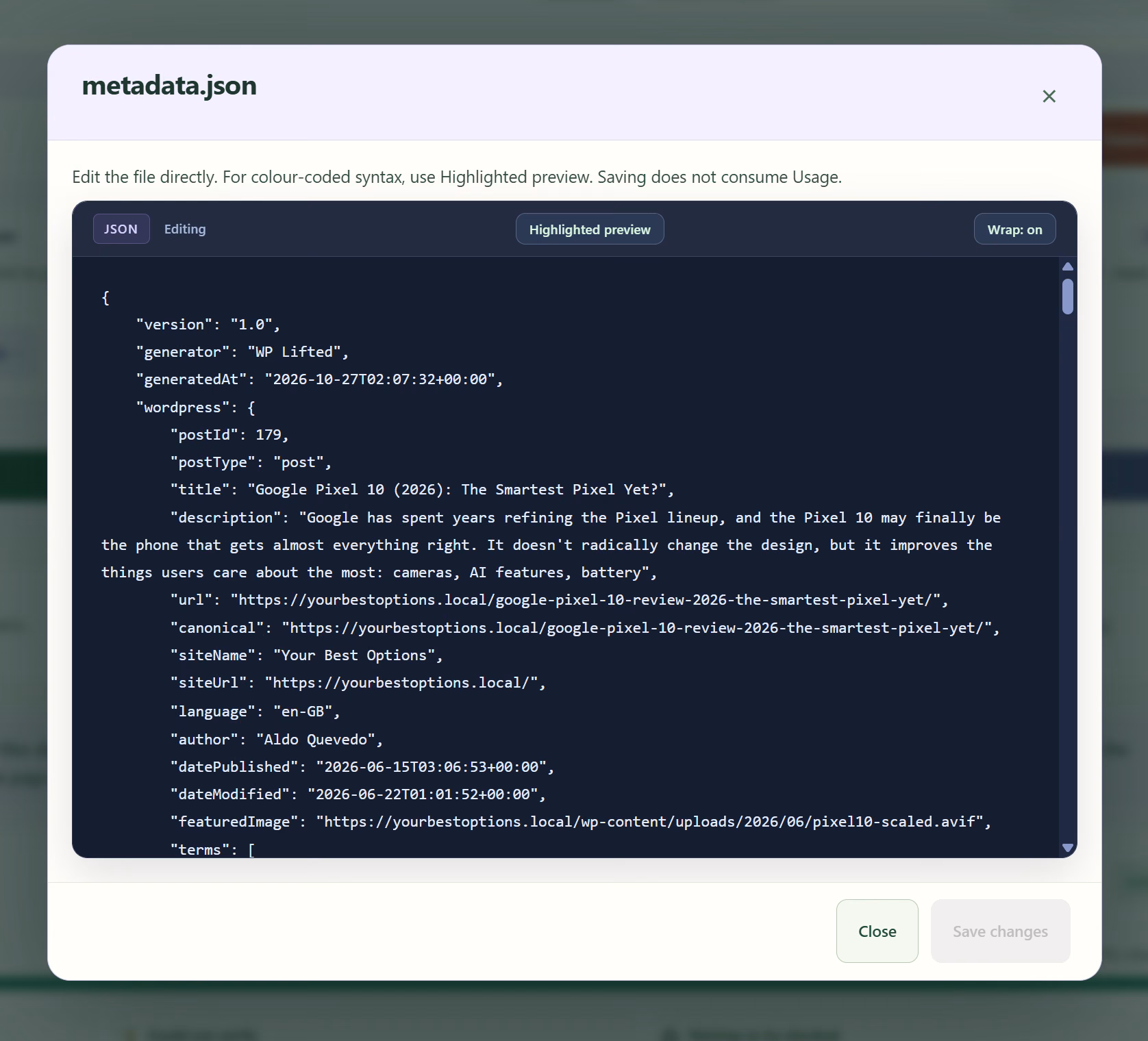 Inspect source metadata and WordPress page context